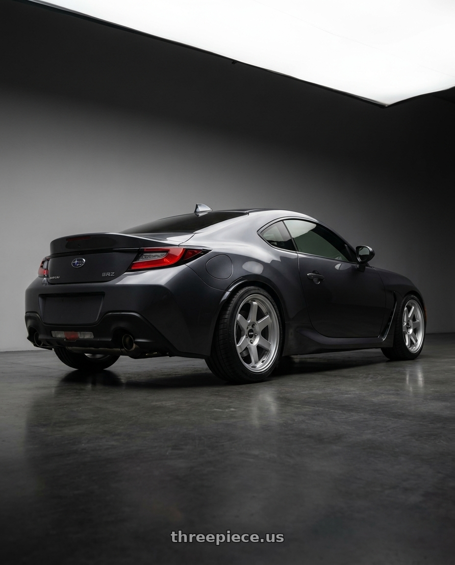 2023 Subaru BRZ premium with Rotiform 1PC R114 SIX 5X100/5X112 18X8.5 +45 GLOSS SILVER wheels rear three quarter view square tires