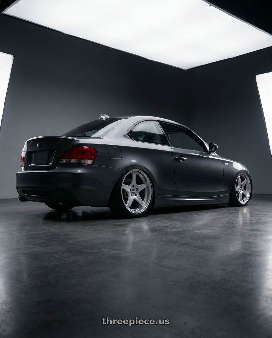 2012 BMW 1 Series E82 with ESR Wheels APEX SERIES AP5 5x120 19x8.5 +30 Hyper Silver wheels rear three quarter view slight stretch tires