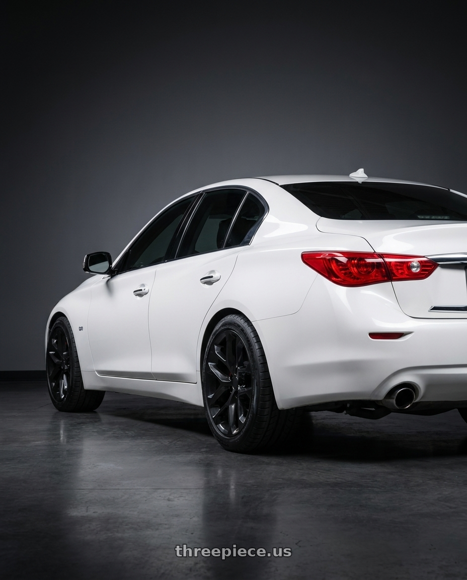 2014 Infiniti q50 with OE Performance 176 6x139.7 26x10 +24 Gloss Black wheels rear three quarter view meaty tires