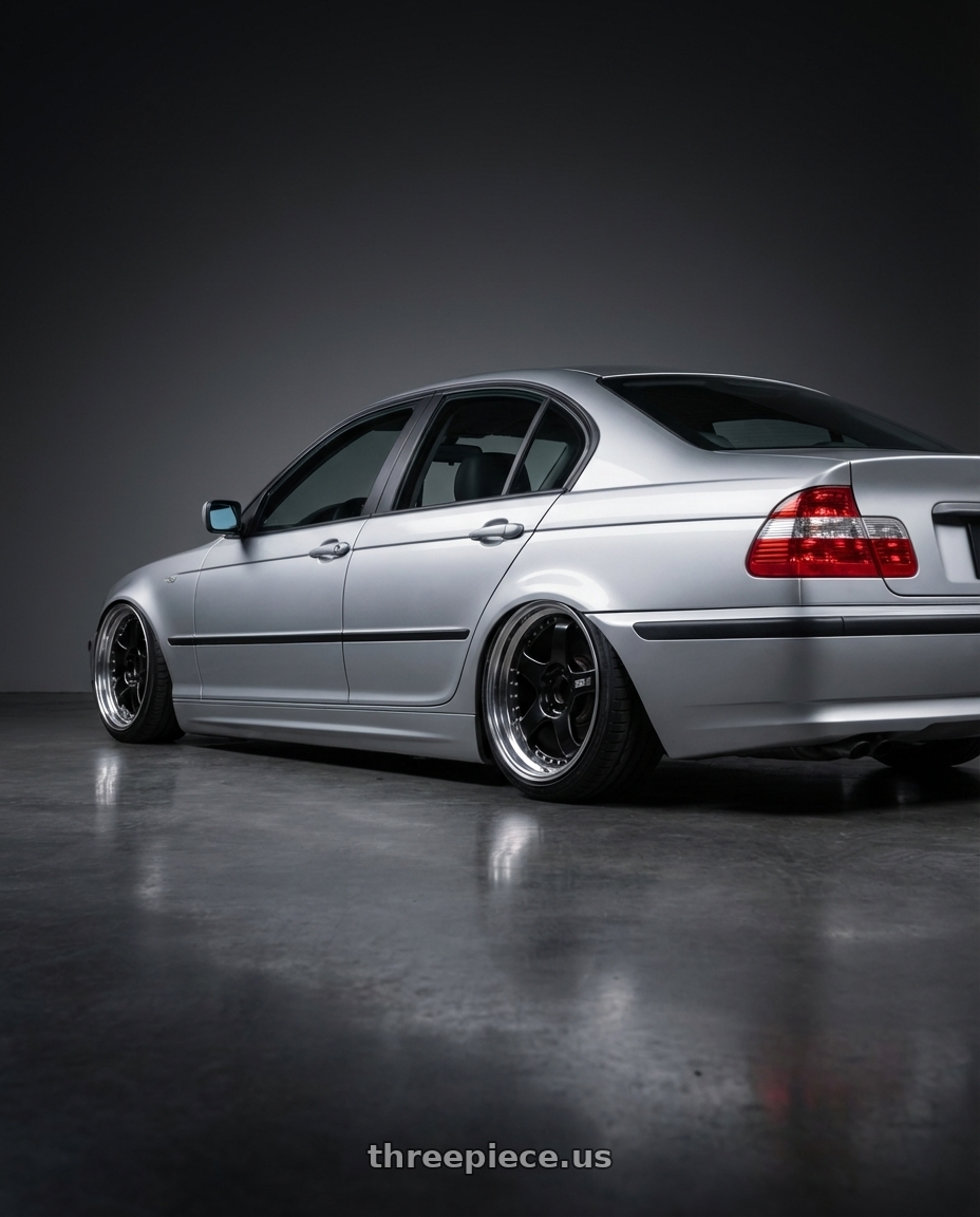 2001 BMW 318i Business, silver with SSR Professor SP1 4X100 18X9.5+37 HP Disk Black wheels rear three quarter view slight stretch tires