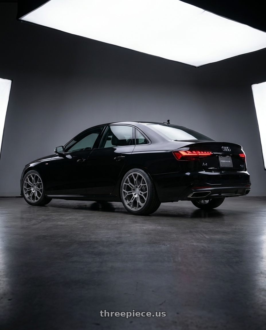 2021 audi A4 S line with Motegi MR130 TECHNO MESH 5X114.3 20X10.5 +52 ANTHRACITE wheels rear three quarter view slight stretch tires