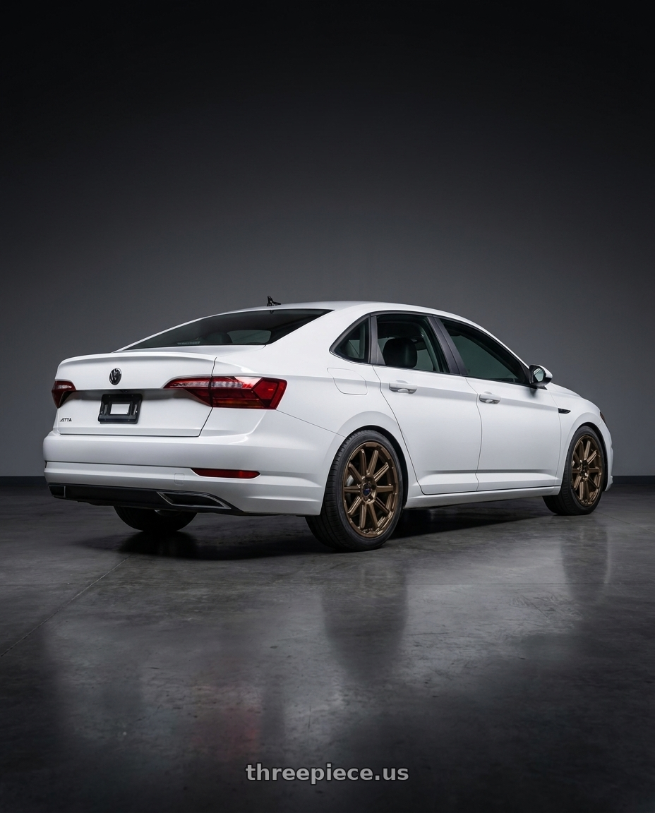 2019 Volkswagen Jetta Sel with Enkei Adventurer 5x100 18x8+35 Matte Bronze wheels rear three quarter view square tires