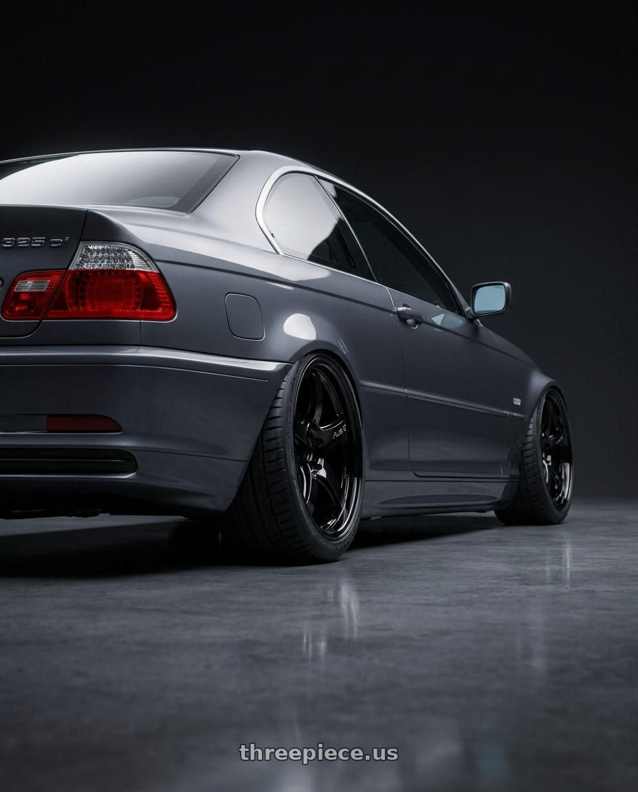 2001 BMW 325ci  with Gram Lights 57CR 5x114.3 17x9+22 Glossy Black wheels rear three quarter view meaty tires
