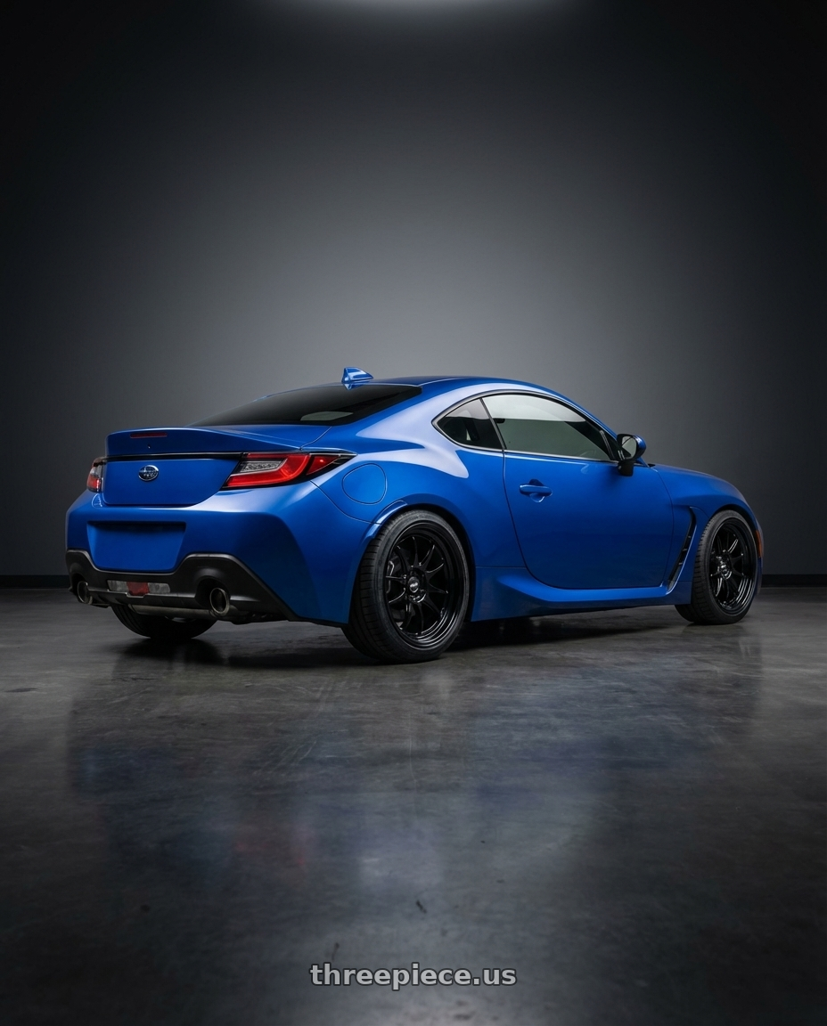 2024 Subaru BRZ with ESR Wheels SR SERIES SR05 5x114.3 18x10.5 +22 Gloss Black wheels rear three quarter view square tires