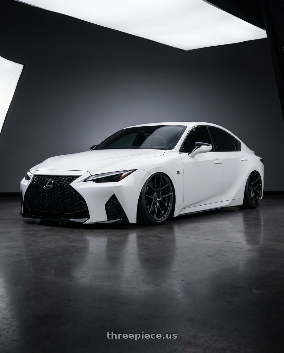 2024 Lexus IS 350 with Avant Garde Wheels M510 5X114.3 19x9.5 +40 Matte Black wheels front three quarter view stanced stance