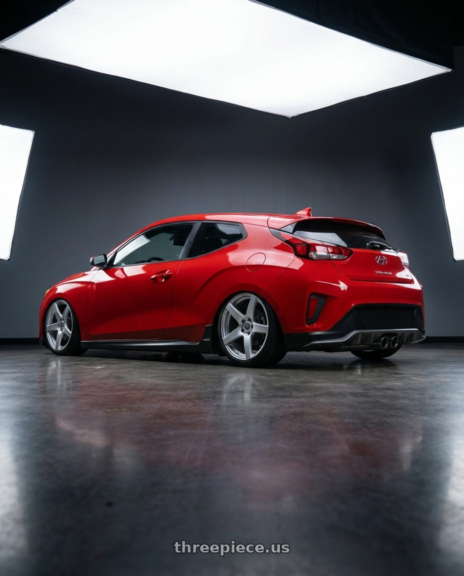 2022 Hyundai Veloster N with Forgestar CF5 5x114.3 19x9 +35 Gloss Silver wheels rear three quarter view slight stretch tires