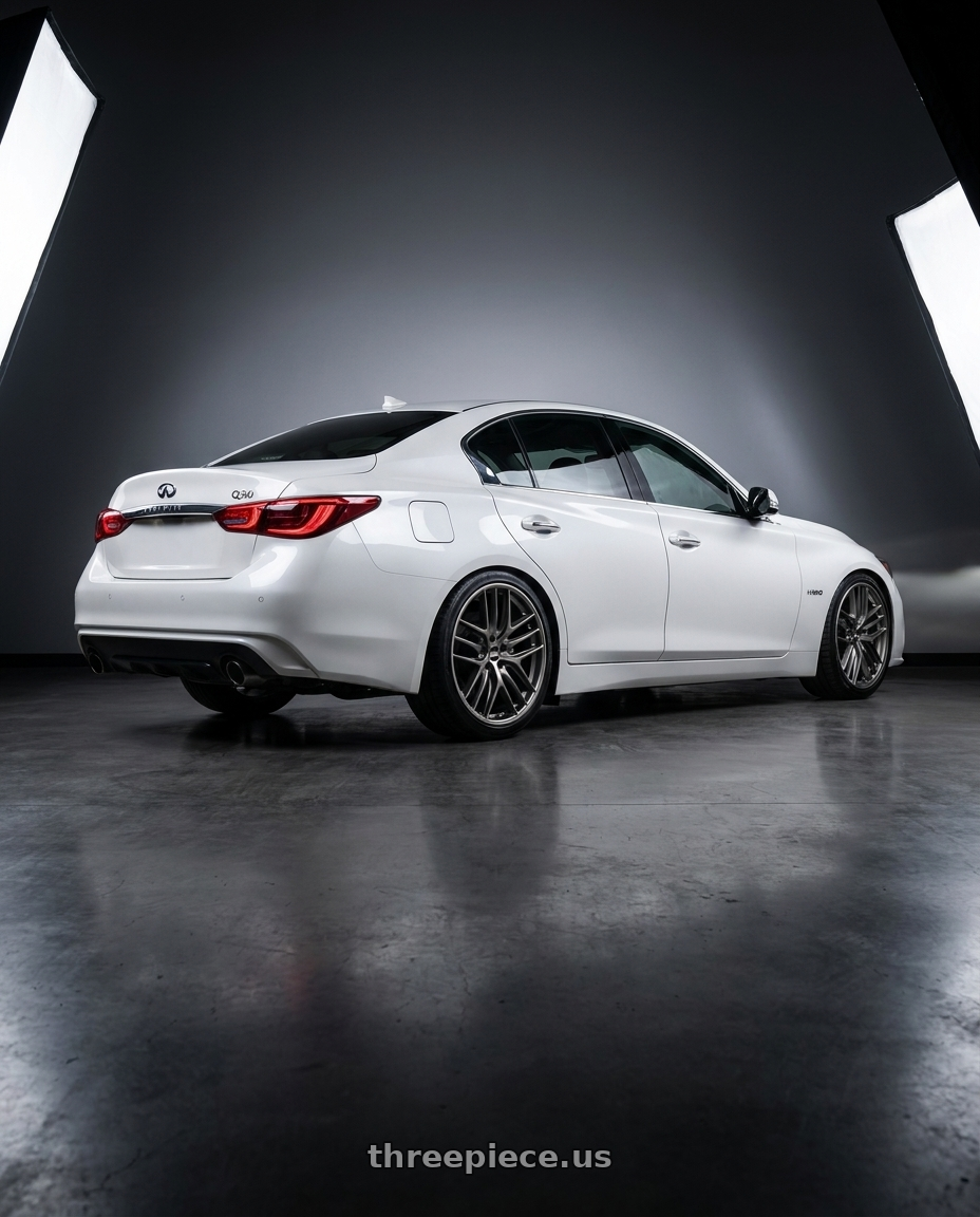 2020 Infiniti Q50 with BBS CC-R 5x114.3 19x8.5+43 Satin Platinum wheels rear three quarter view square tires