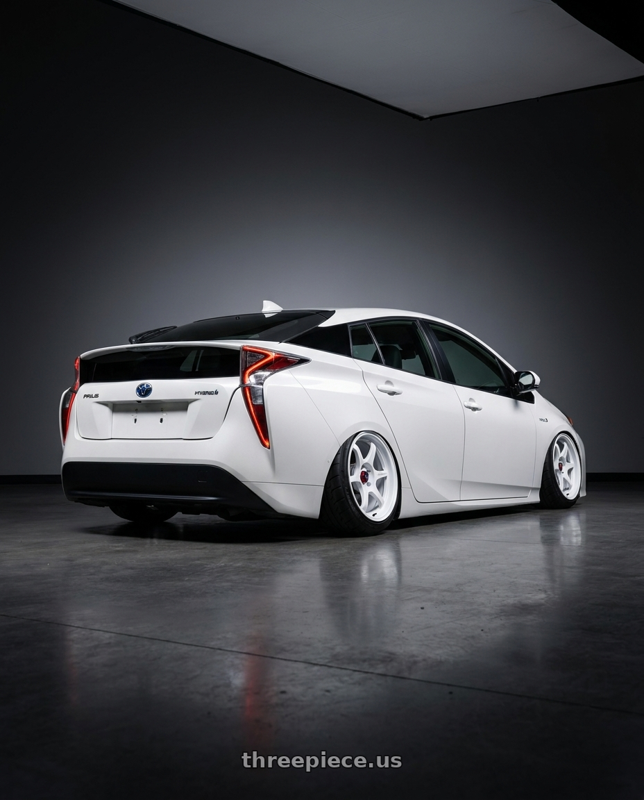 2017 Toyota Prius  with Enkei PF06 5x114.3 18x9.5+27 White Machined wheels rear three quarter view meaty tires