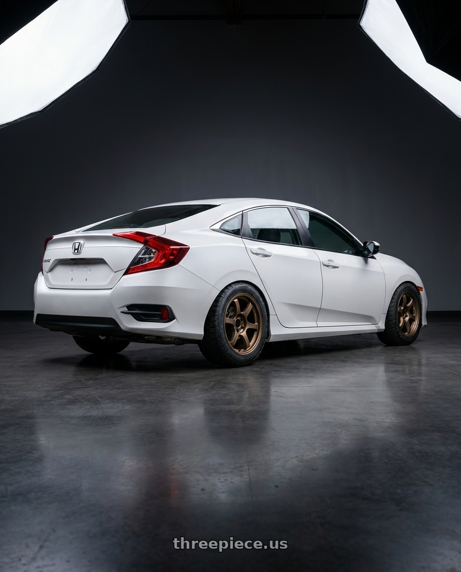 2021 Honda Civic LX Sedan, Platinum White Pearl with Gram Lights 57DR 5x114.3 18x9.5+38 Bronze II wheels rear three quarter view meaty tires