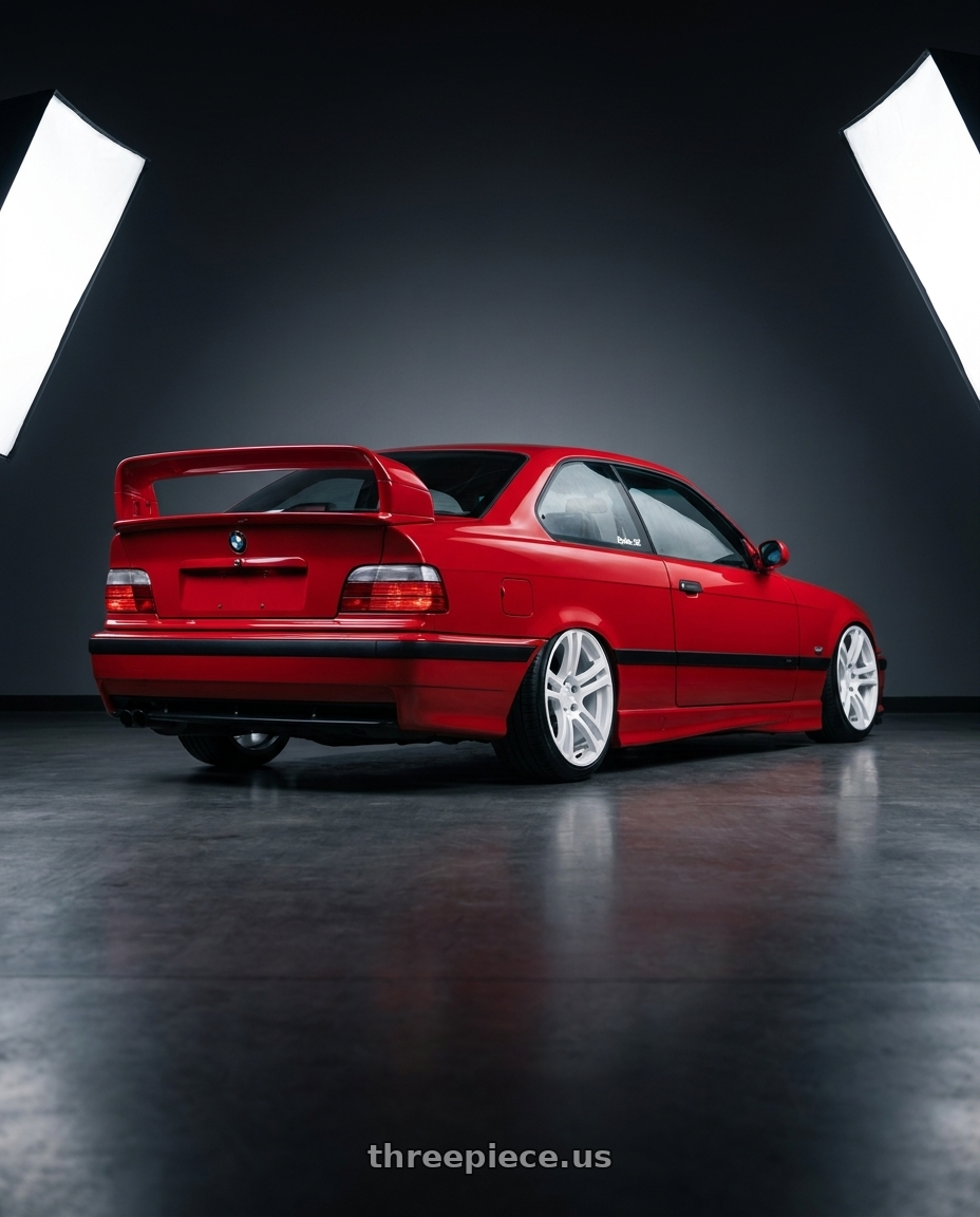 1996 BMW E36 328is with Kansei K16W Neo 5X112 18x9 35 Gloss White wheels rear three quarter view slight stretch tires