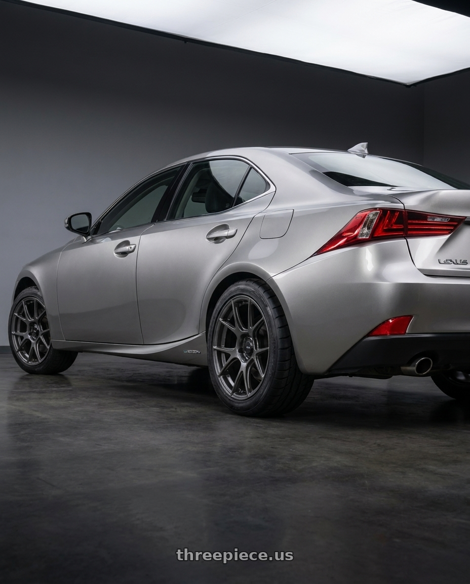2013 Lexus is300h with Konig Ampliform 5x114.3 18x8.5+35 Dark Metallic Graphite wheels rear three quarter view meaty tires
