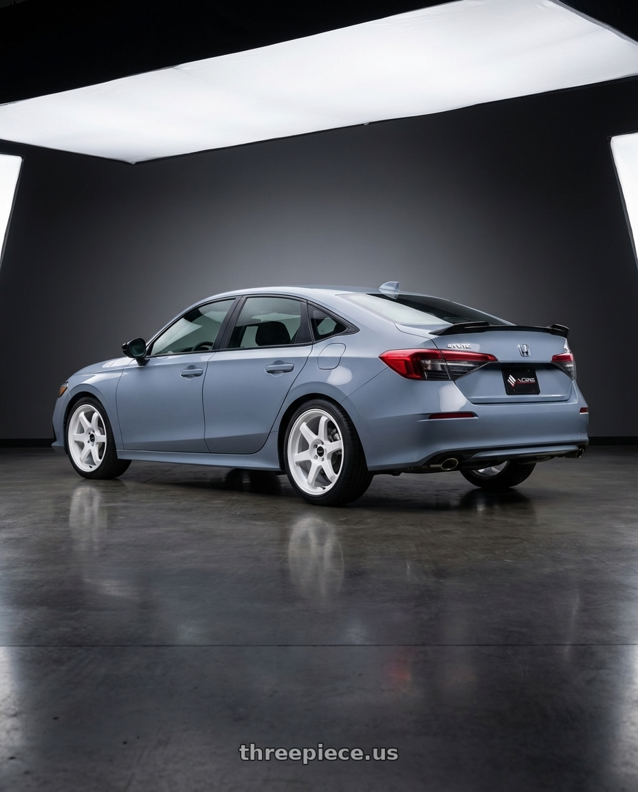 2025 Honda Civic Si, sonic grey pearl  with Vors TR37 5x114.3 18x8.5  +35 White wheels rear three quarter view square tires