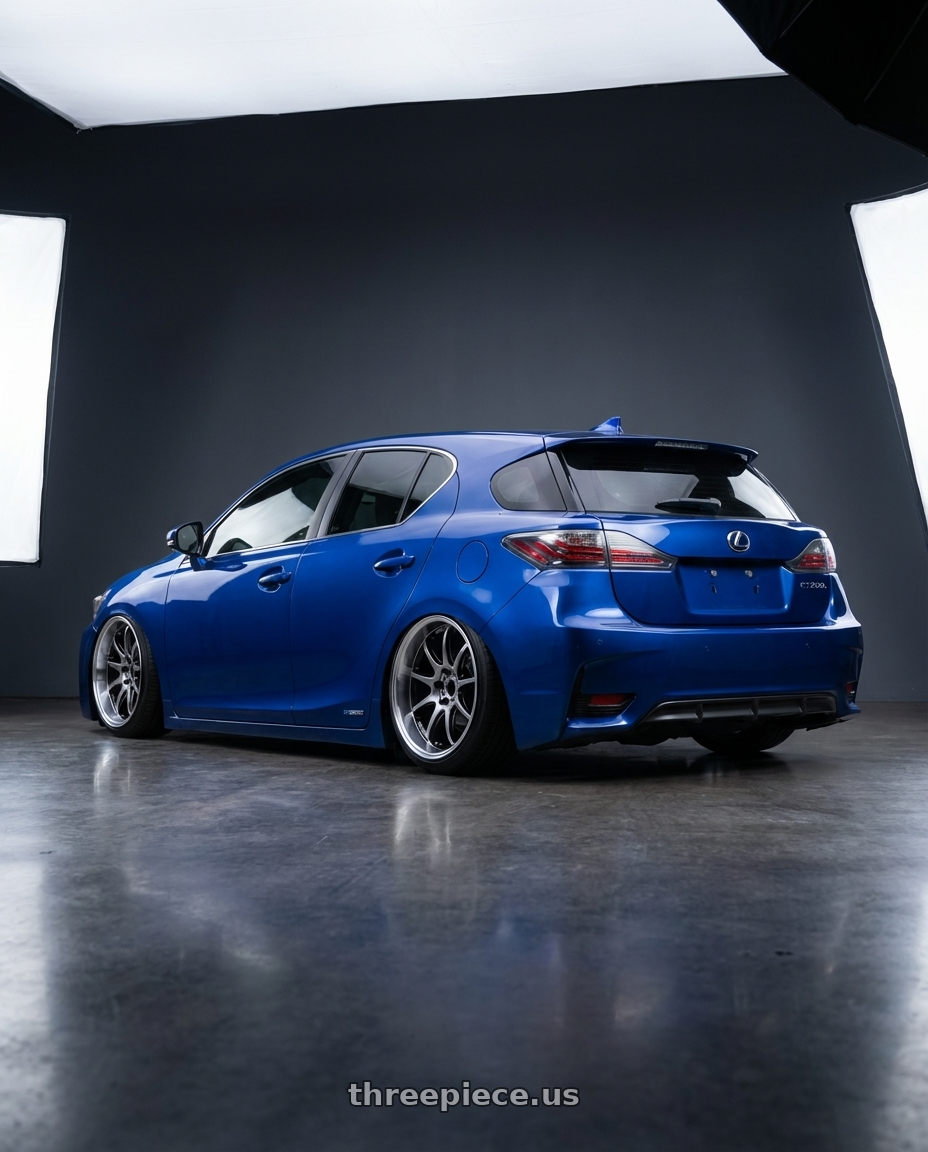 2014 Lexus CT200h with Work Emotion D9r 5x100 18x10.5 +15 Gt Silver Rim Cut wheels rear three quarter view slight stretch tires