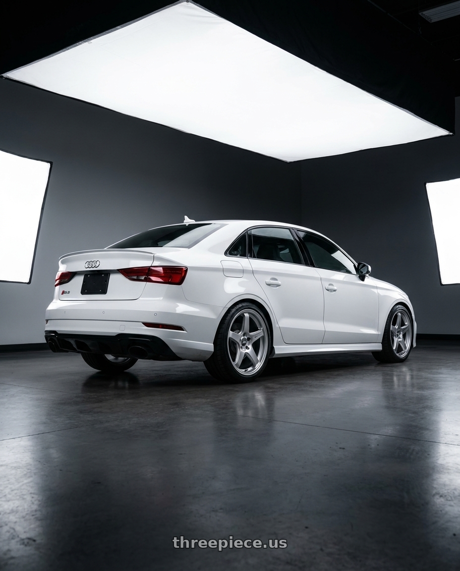 2019 Audi RS3 with ESR Wheels APX5C 5x112 19x9.5 +35 Hyper Silver wheels rear three quarter view square tires