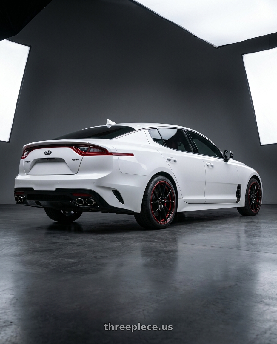 2019 KIA STINGER GT2 with Performance Replicas PR193 5X114.3 18X9 +30 GLOSS BLACK RED MACHINED wheels rear three quarter view square tires