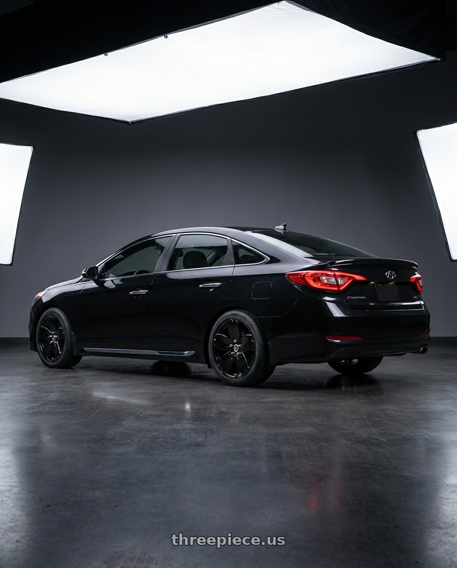2016 Hyundai Sonata Black with Heritage Wheel Sakura MonoC 5x114.3 18x8.5 +35 Black wheels rear three quarter view square tires