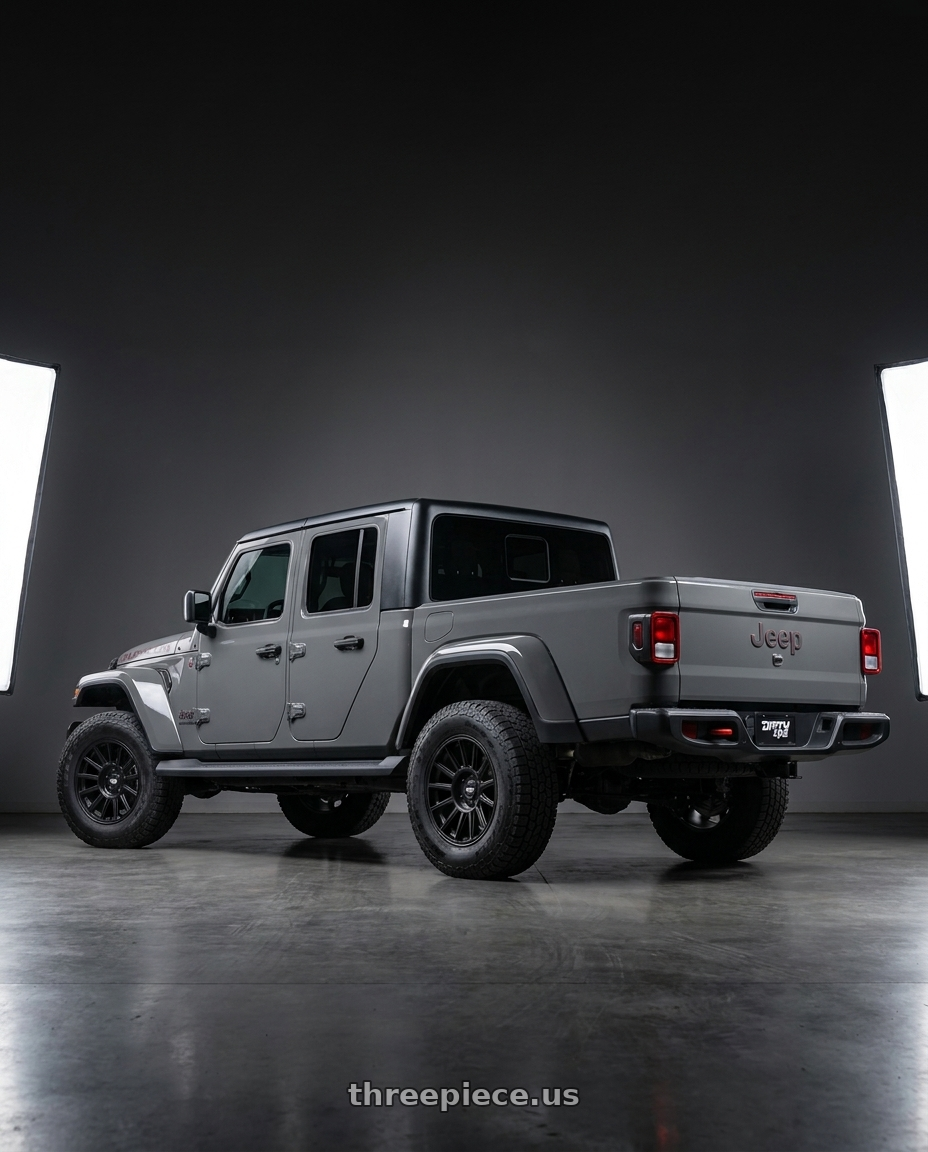 2021 Jeep Gladiator Sport with Dirty Life Journey 9316 5x127 17x8.5+0 Matte Black wheels rear three quarter view square tires