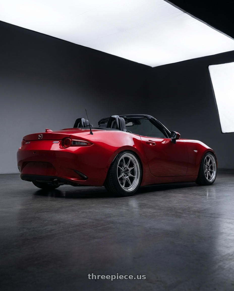 2024 Nd mx5 with Konig Countergram 4x100 15x8+25 Hyper Chrome / Machined Lip wheels rear three quarter view slight stretch tires