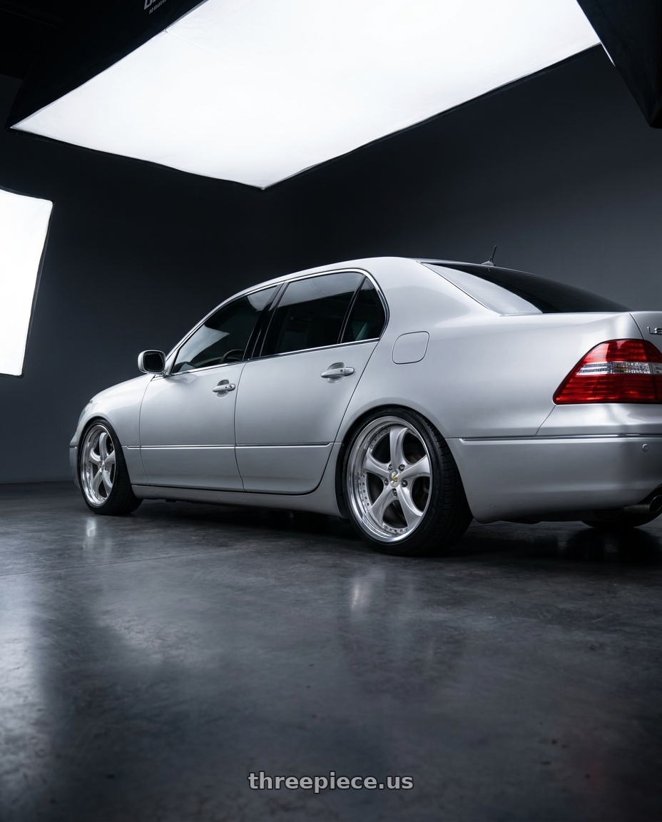 2005 lexus ls430 with Work Wheels VS-KF 5x114.3 19x9+40 Light Grey Silver A Disk STEP RIM wheels rear three quarter view slight stretch tires