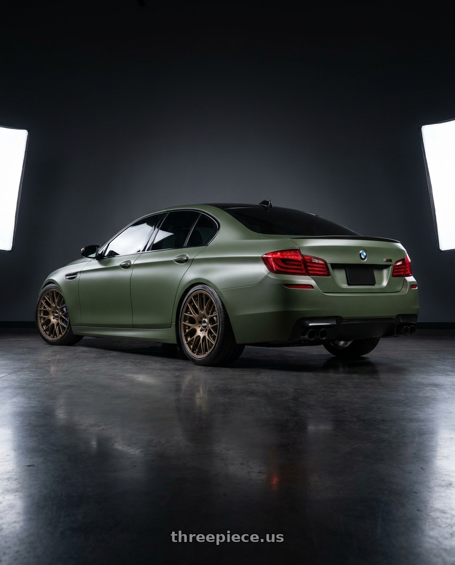 2014 BMW M5 with BBS CH-RII 5x112 22x10.5 +15 Matte Bronze wheels rear three quarter view slight stretch tires