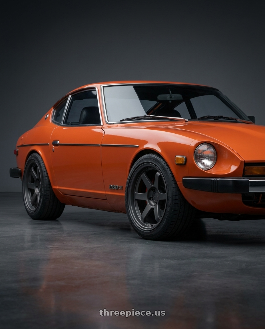 1978 Datsun 280z Orange  with 9six9 SIX-1 5x114.3 18X10 +35 Carbon Gray wheels
