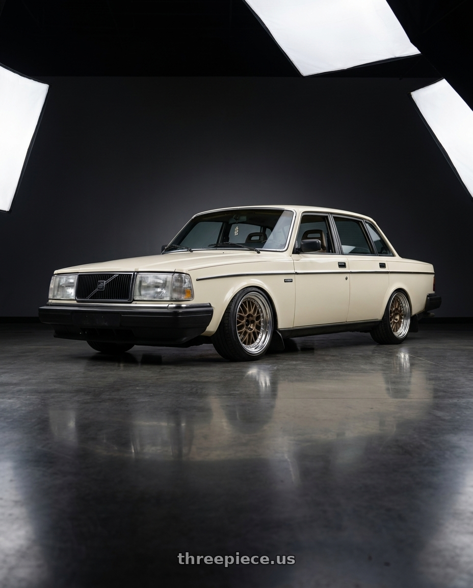 1981 Volvo 244 DL cream with Work Meister M1 3p 5x108 16x7+18 O Disk Titanium Gold wheels