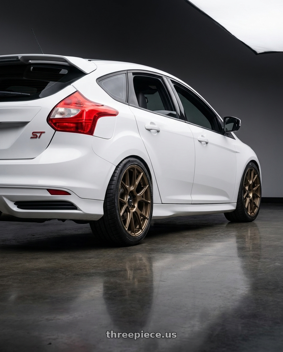 2013 focus st white with Konig Ampliform 5x114.3 18x9.5+25 Gloss Bronze wheels rear three quarter view square tires