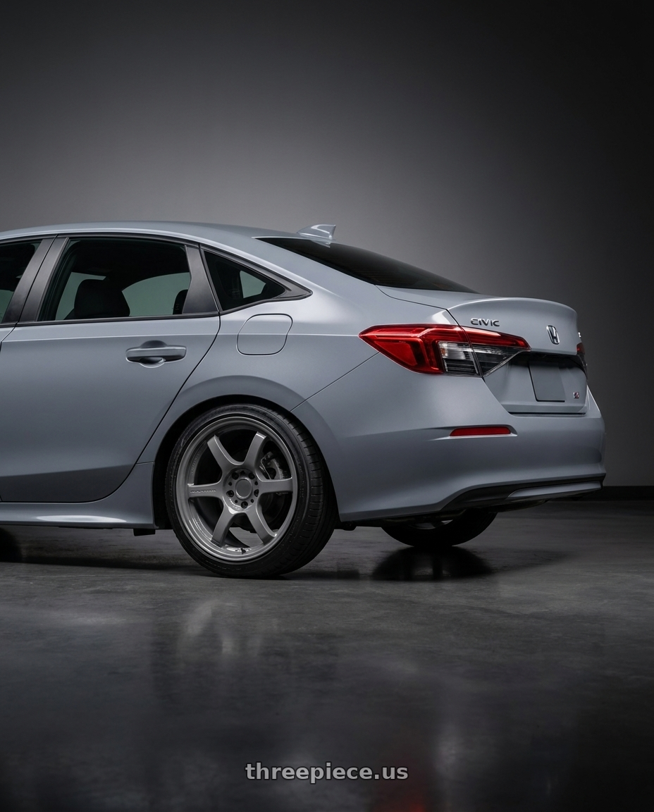 2026 Honda civic si with Gram Lights 57DR 5x114.3 18x9.5+38 Glossy Grey wheels rear three quarter view slight stretch tires