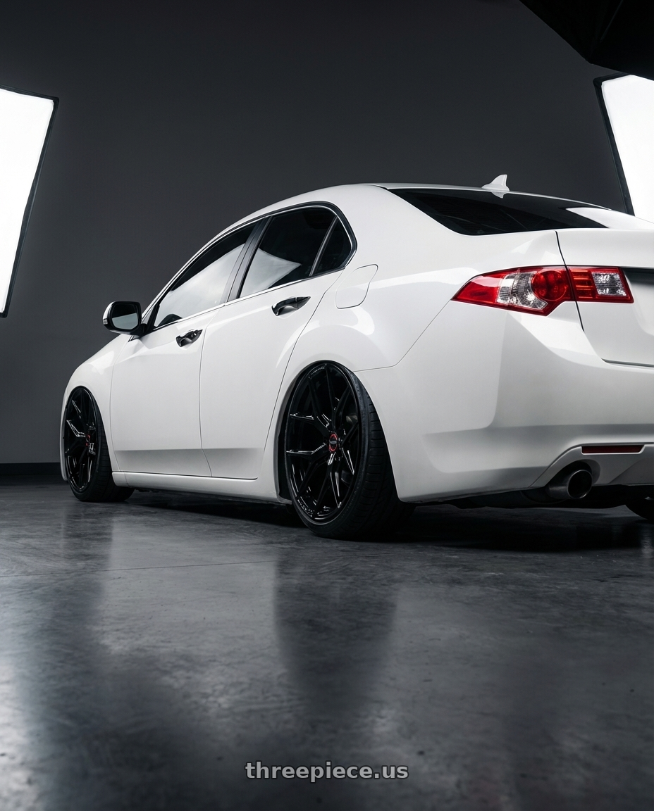 2013 Acura TSX with Vossen HF-5 19x8.5 / 5x114.3 / ET32 / Flat Face / 73.1 - Gloss Black Wheel - HF5-9N60 wheels rear three quarter view slight stretch tires