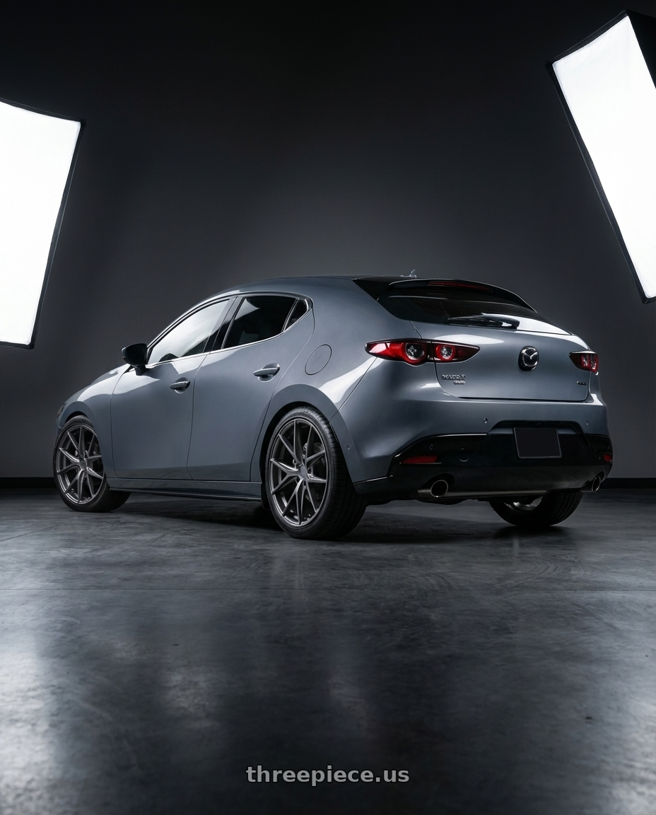 2023 Mazda Mazda3 Turbo with Niche 1PC M116 MISANO 5X114.3 18X9.5 +40 MATTE GUN METAL wheels rear three quarter view square tires