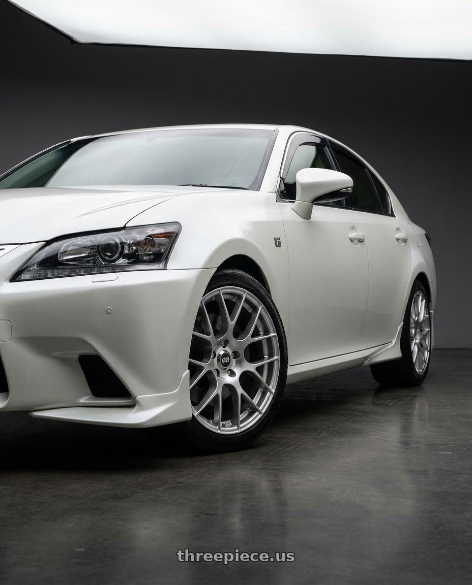 2013 Lexus GS450h with Enkei Raijin 5x114.3 19x8.5+35 Hyper Silver wheels front three quarter view stock stance