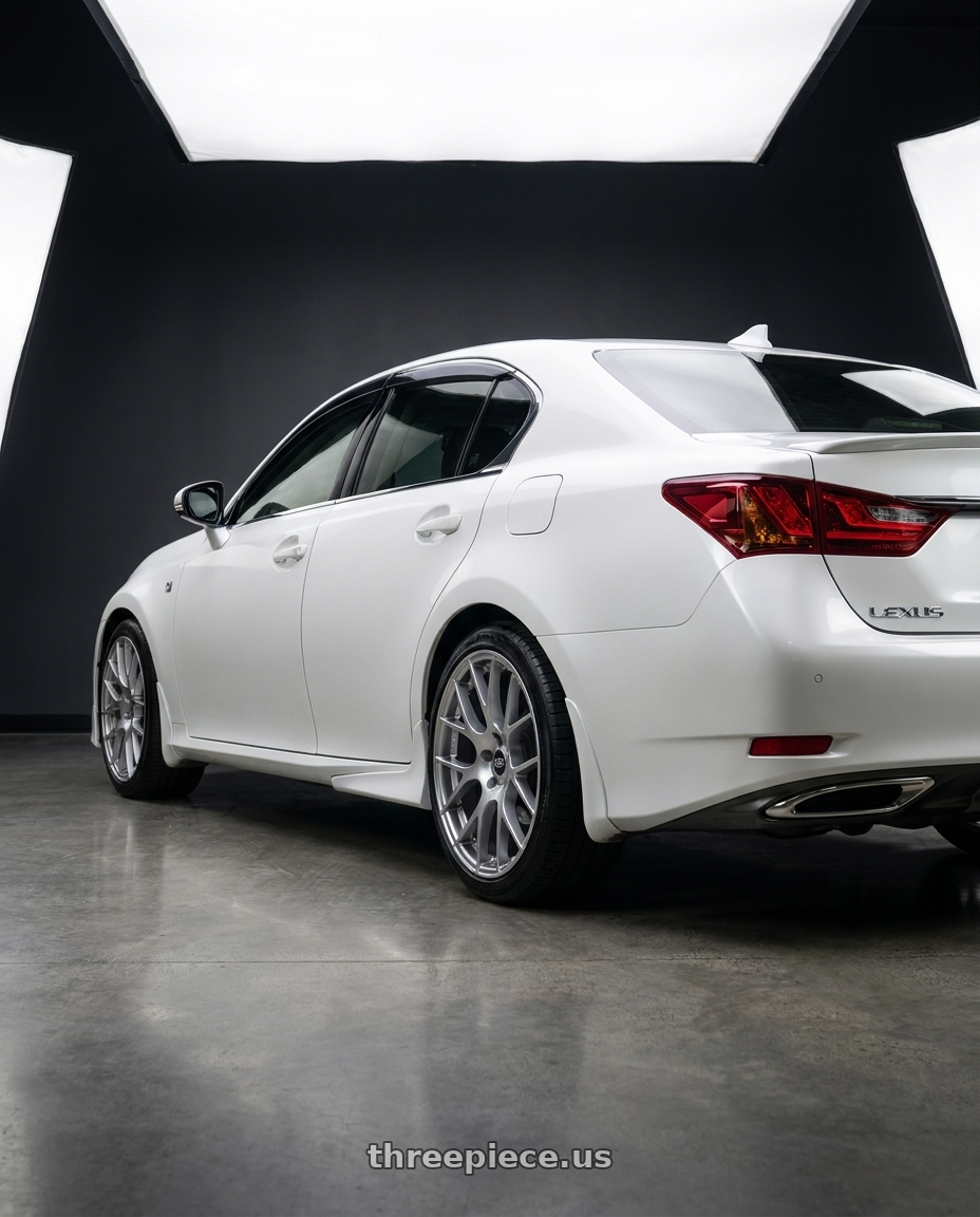 2013 Lexus GS450h with Enkei Raijin 5x114.3 19x8.5+35 Hyper Silver wheels rear three quarter view square tires