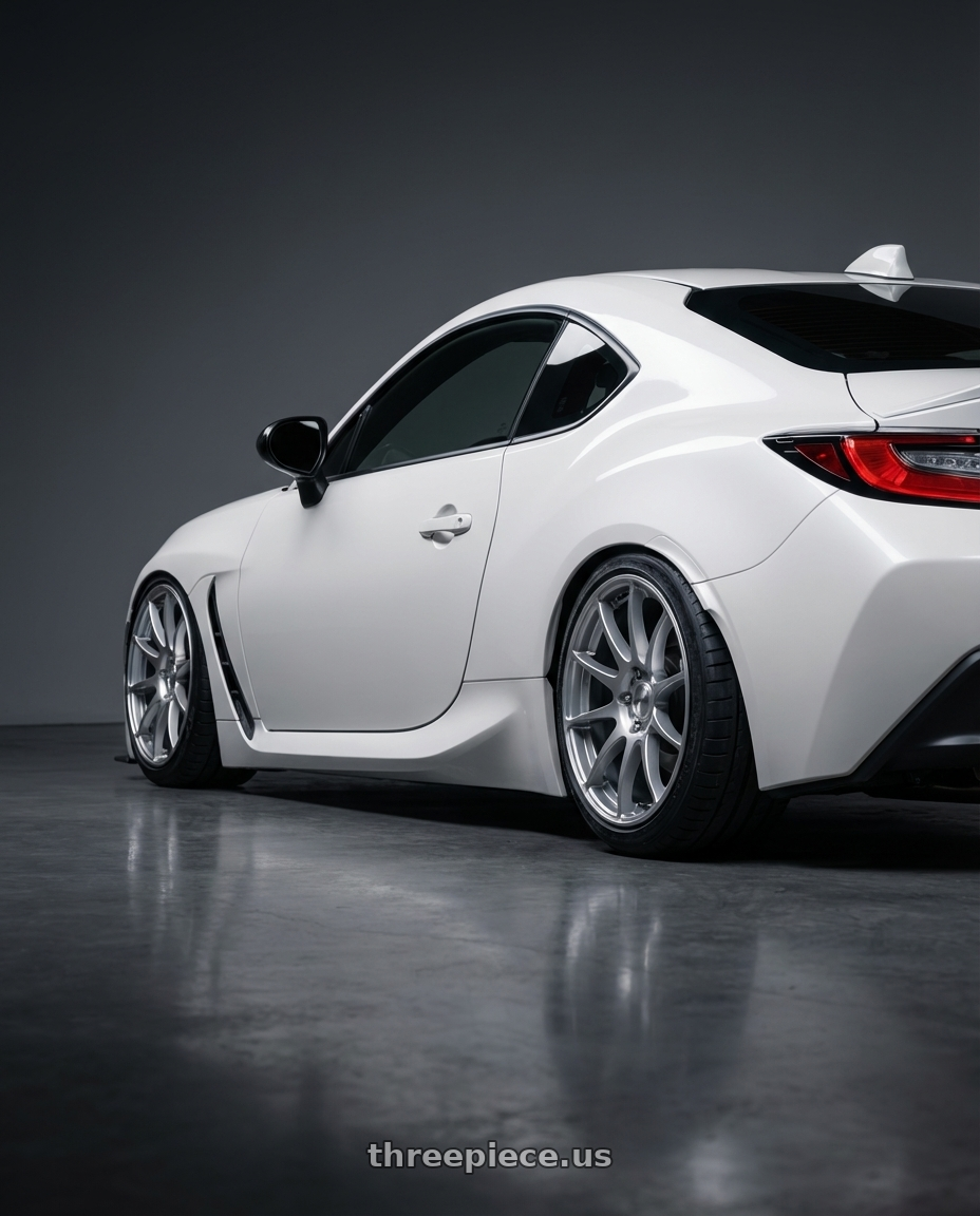 2016 Scion FR-S with Ssr Gtv01 5x100 18x8.5+44  GLARE SILVER wheels rear three quarter view slight stretch tires