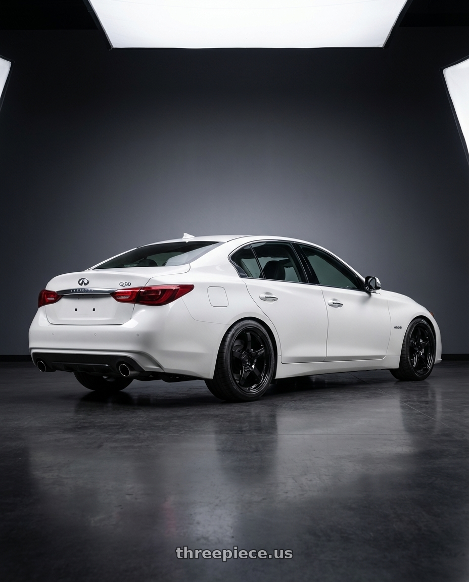 2020 Infiniti Q50 with Gram Lights 57CR 5x114.3 19x9.5+35 Glossy Black wheels rear three quarter view square tires