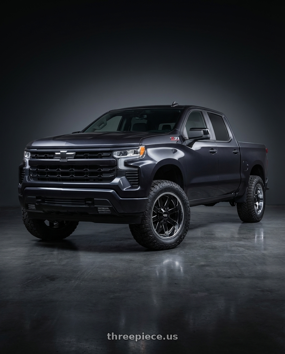 2023 Chevrolet Silverado 1500 with Moto Metal MO200 6X139.7 20X10 -18 GLOSS BLACK MILLED CENTER CHROME LIP wheels