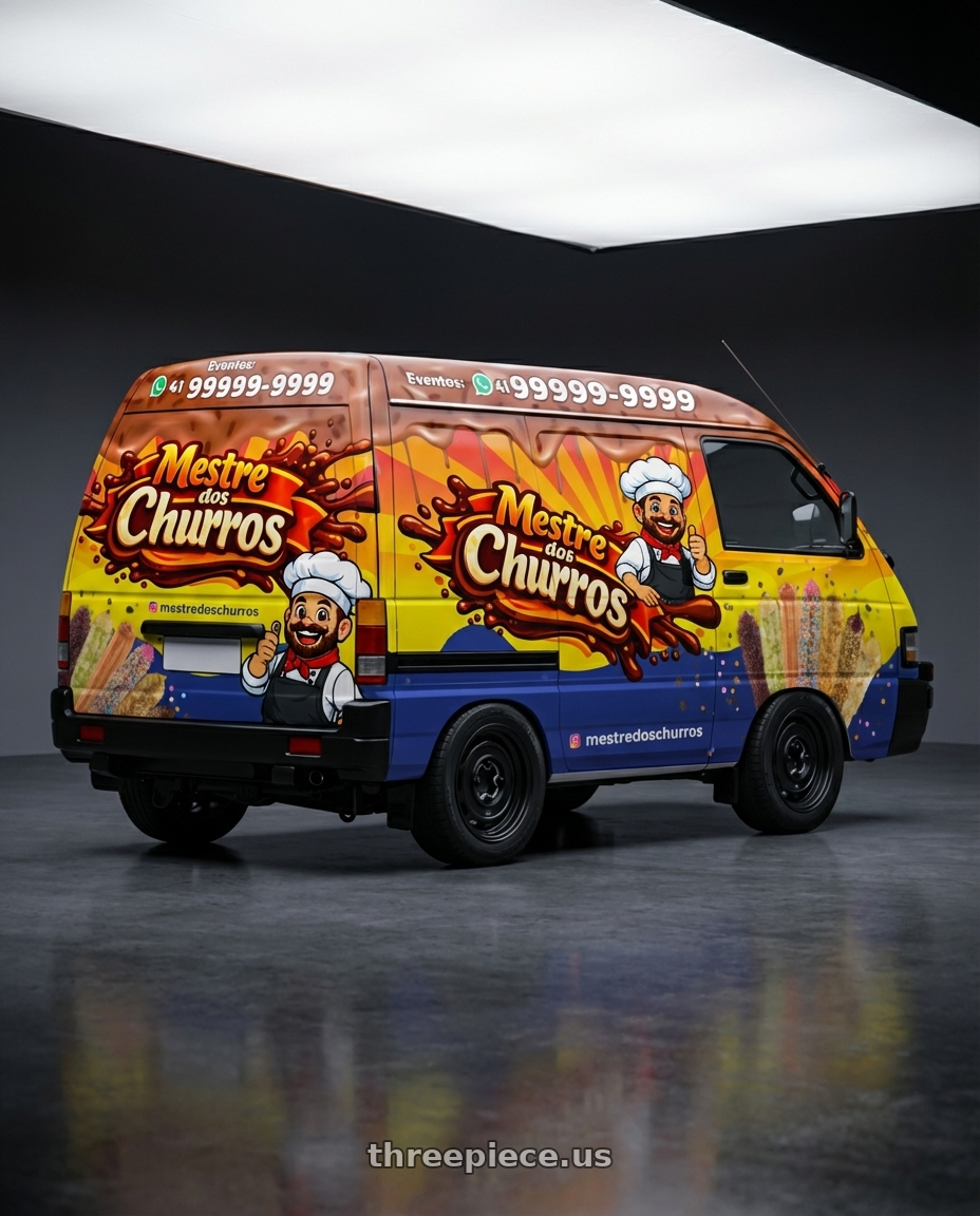 asia torner furgão 1996 , adesivado , parachoques pretos with Mobelwagen MW430B Interceptor 4X130 15x5.5 20 Black wheels rear three quarter view square tires