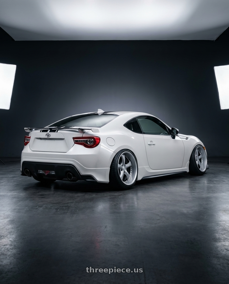 2017 Toyota 86 with Work Wheels VS-KF 5x100 18x8.5+35 Light Grey Silver L Disk FULL REVERSE wheels rear three quarter view extreme stretch tires