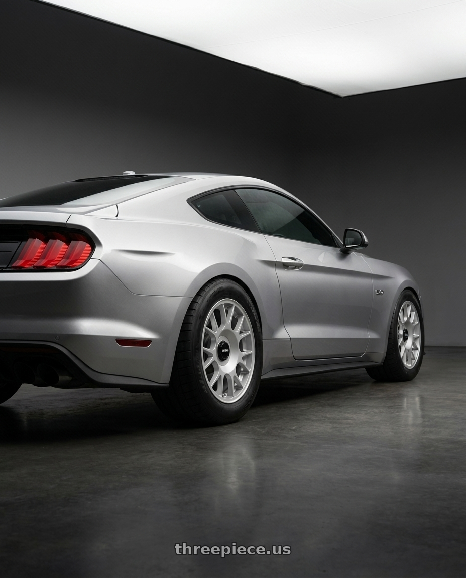 2020 ford mustang  with Rotiform 1PC R188 TUF-R BLANK 18X8.5 +20 SILVER wheels rear three quarter view meaty tires