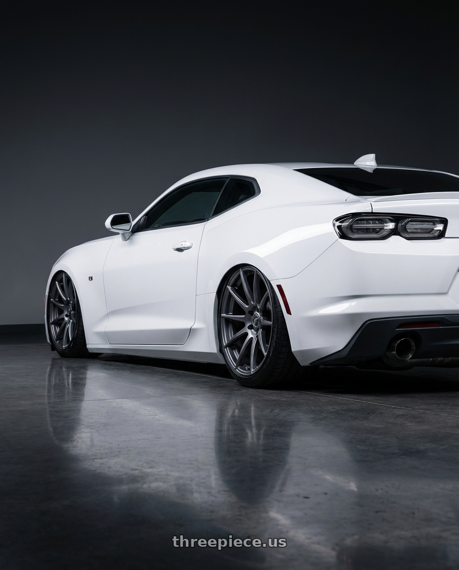 2022 Chevrolet Camaro with Forgestar CF10 5x120 20x9 +38 Gloss Anthracite wheels rear three quarter view slight stretch tires