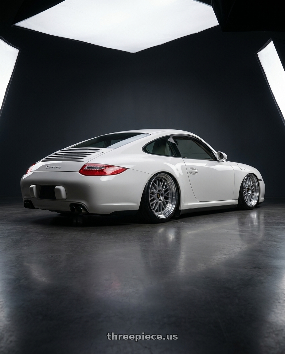 2010 Porsche 9972 carrera white stone grey interior with BBS LM 5x112 19x11.0+35 Diamond Silver wheels rear three quarter view slight stretch tires