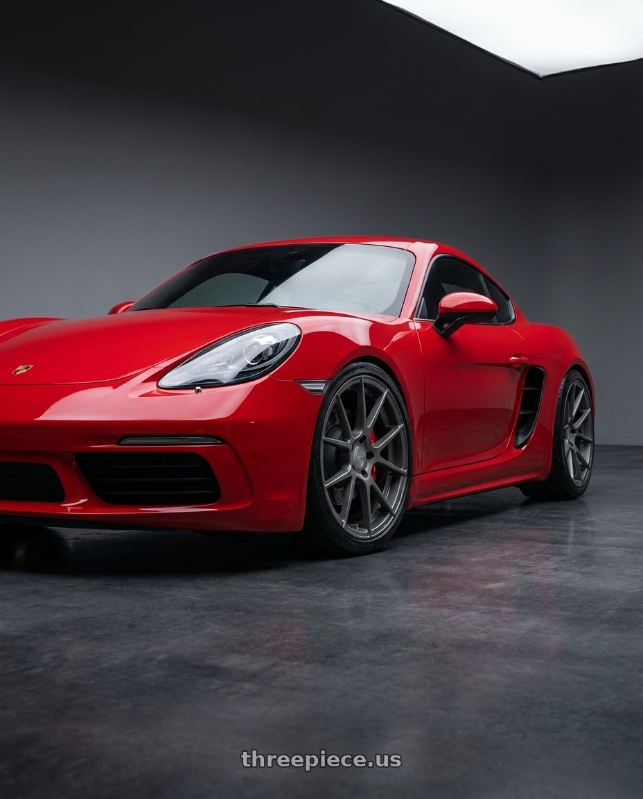 2022 Porsche 718 Cayman with Avant Garde Wheels M510 5X130 19x11 +52 Dolphin Grey wheels front three quarter view lowered stance