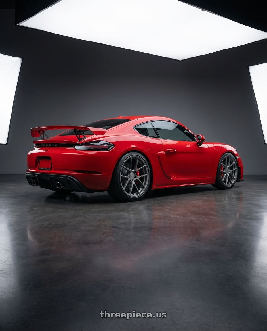 2022 Porsche 718 Cayman with Avant Garde Wheels M510 5X130 19x11 +52 Dolphin Grey wheels rear three quarter view square tires
