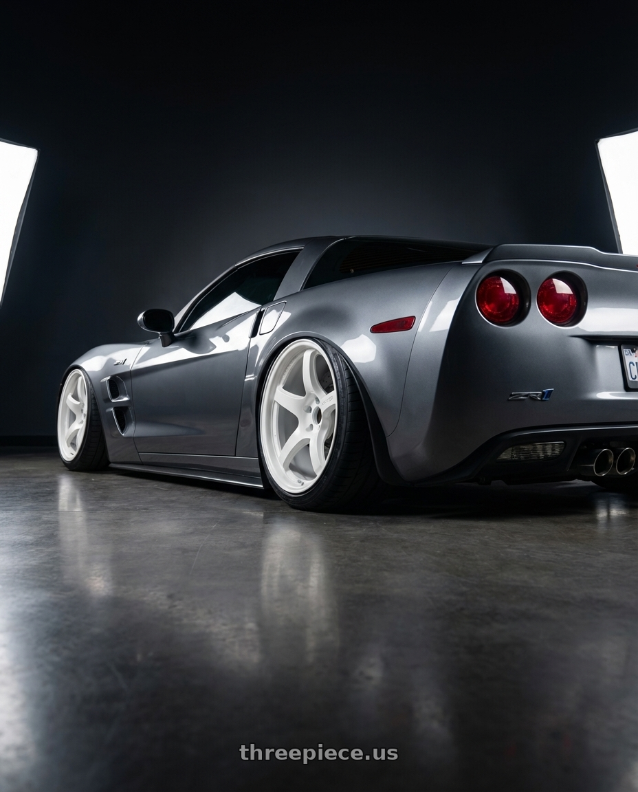 2010 Chevrolet C6 Corvette ZR1 with Gram Lights 57CR 5x114.3 15x8+35 Ceramic Pearl wheels rear three quarter view extreme stretch tires