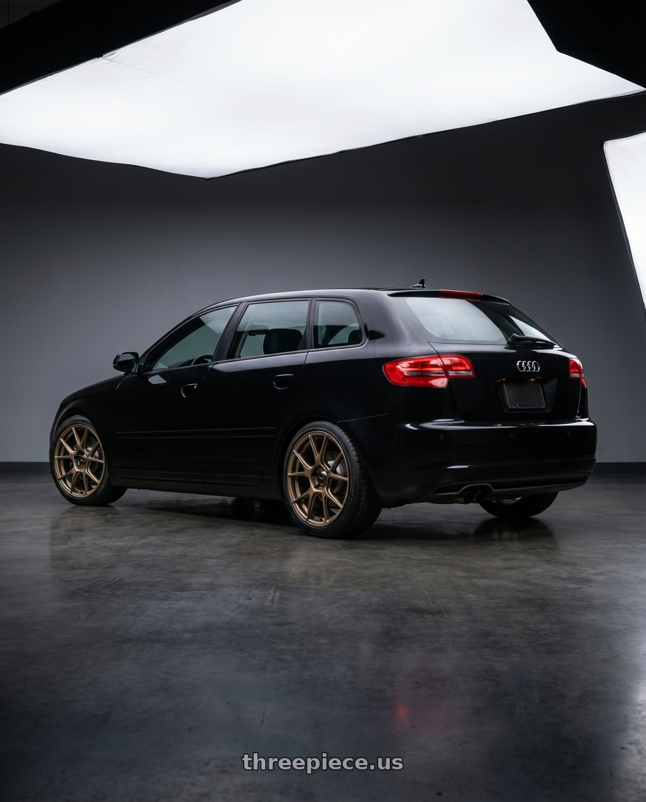 2012 Audi A3 8P with Konig Ampliform 5x112 18x8.5+43 Gloss Bronze wheels rear three quarter view square tires
