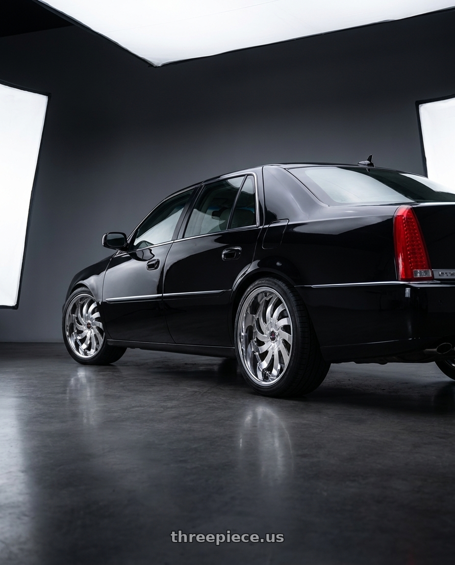 2009 cadillac dts platinum raven with Ignite Flame 5x112/5x115 22x8.5 +35 Chrome wheels rear three quarter view slight stretch tires