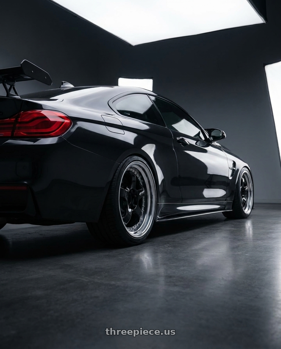2018 bmw m4c with Work Meister S1 3P 5x100 18x7+35 A Disk Black wheels rear three quarter view square tires
