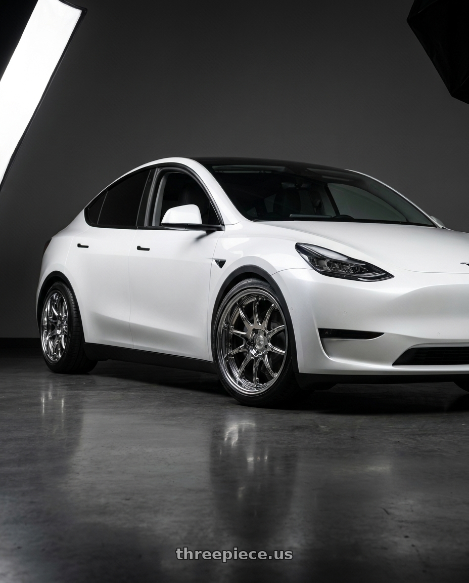2022 Tesla Model Y with Aodhan DS02 5x114.3 19x9.5+22 Vacuum Chrome wheels front three quarter view lowered stance