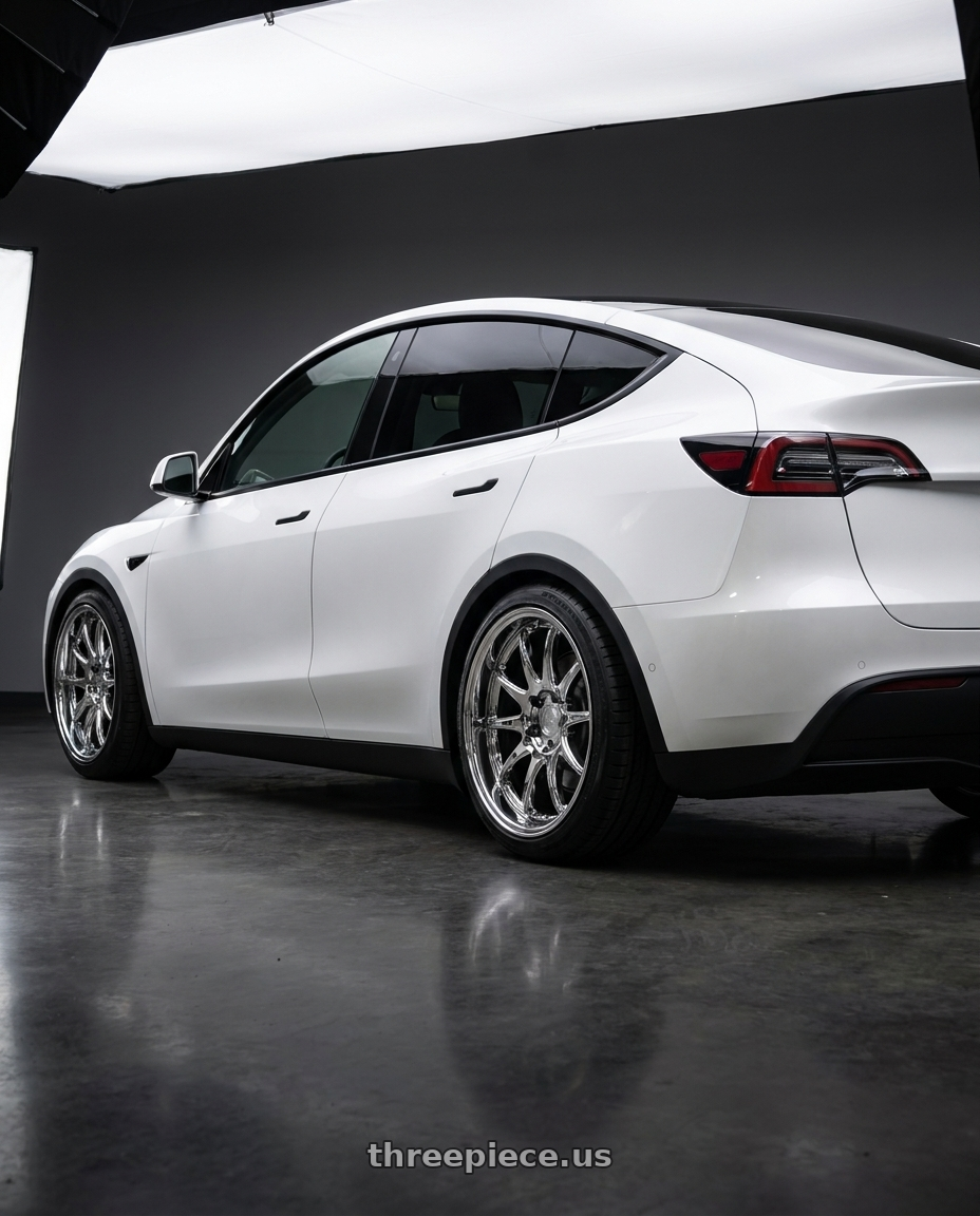 2022 Tesla Model Y with Aodhan DS02 5x114.3 19x9.5+22 Vacuum Chrome wheels rear three quarter view slight stretch tires