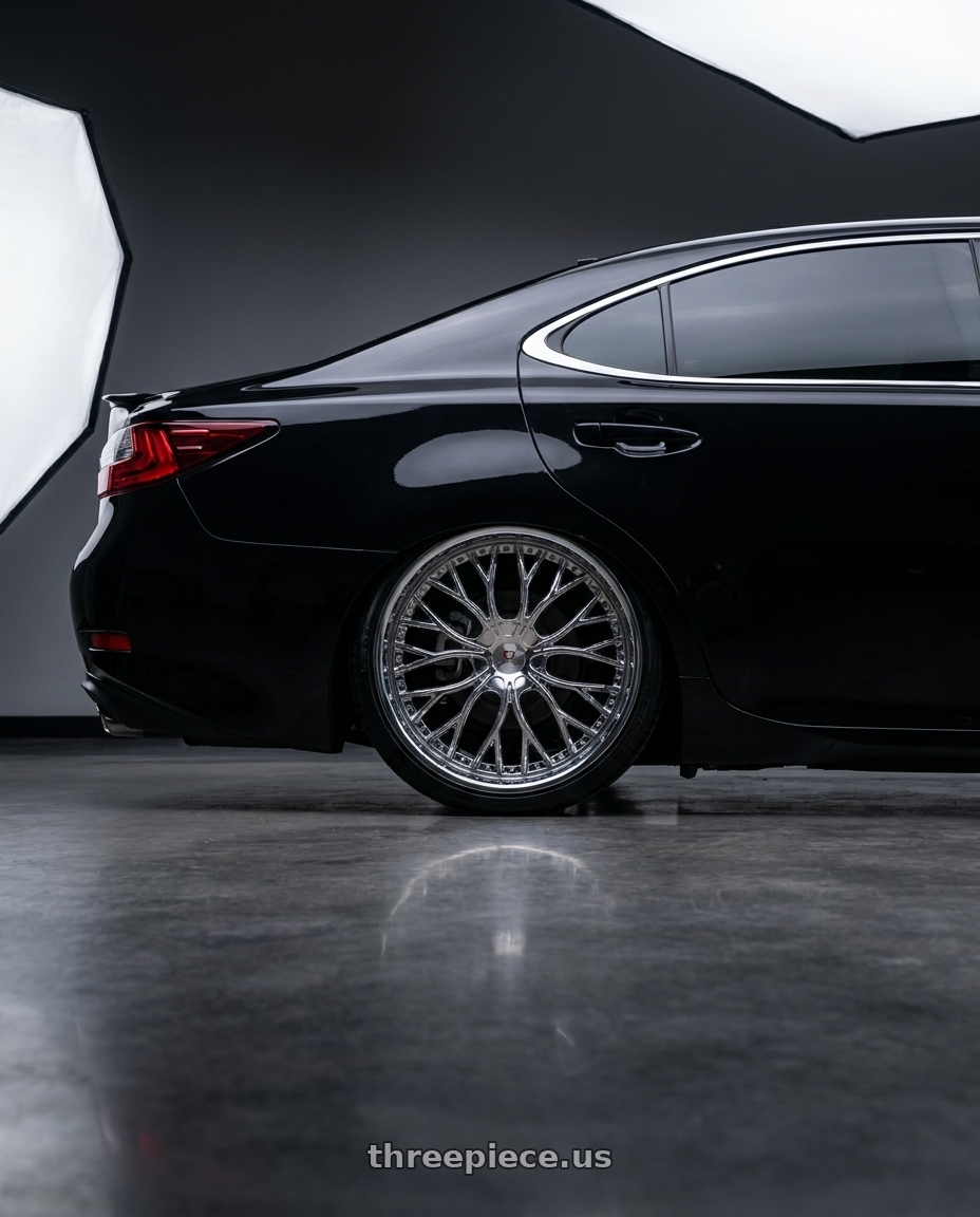 2017 Lexus ES 200 black with Cavallo CLV-33 4x100/4x114.3 18x8 +35 Nano Chrome wheels rear three quarter view square tires