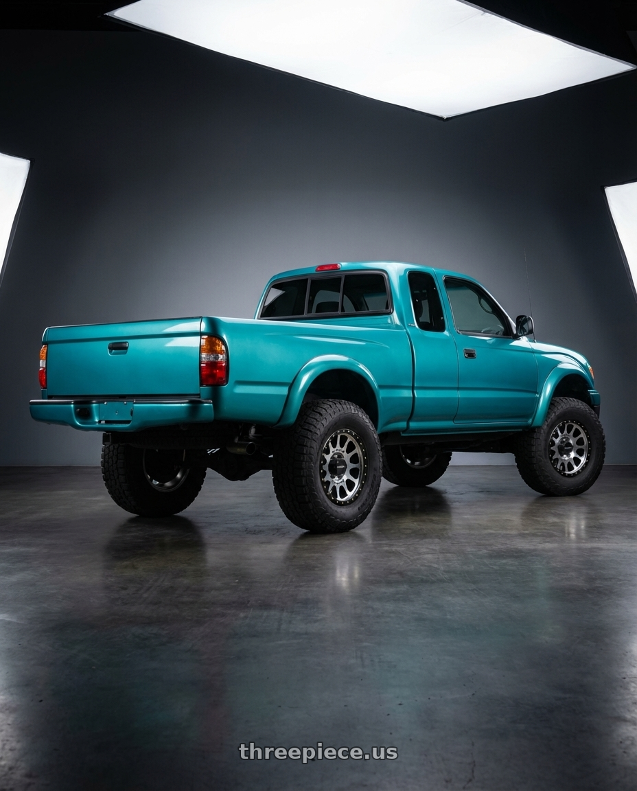 1999 Tacoma extra cab teal  with Method Race Wheels 305MB NV 6x139.7 17x8.5 +0 MACHINED - MATTE BLACK LIP wheels rear three quarter view meaty tires